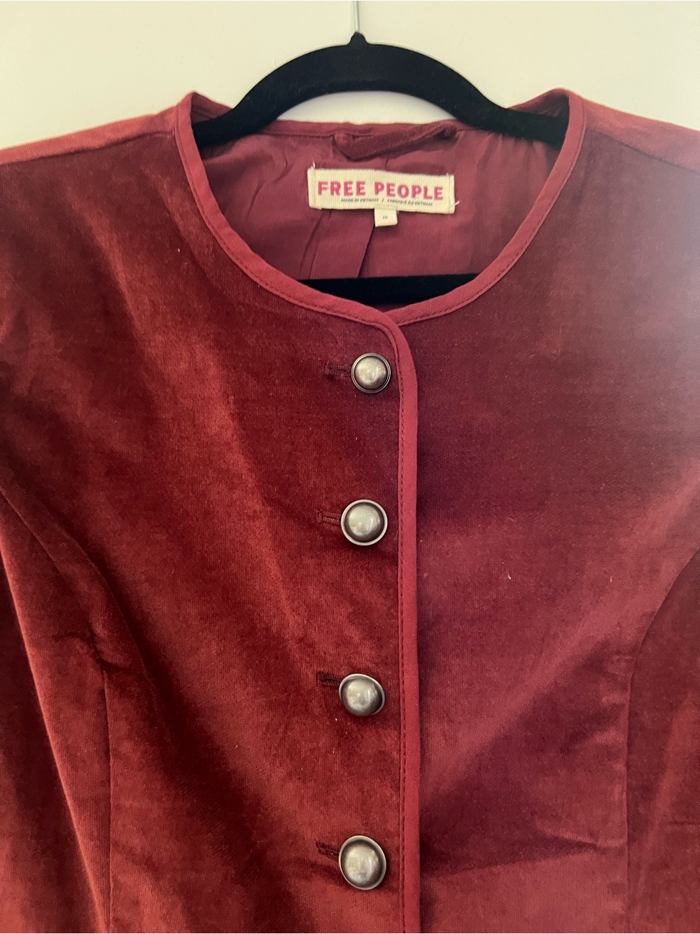 Free People Burgundy Velvet Button-Up Blazer
